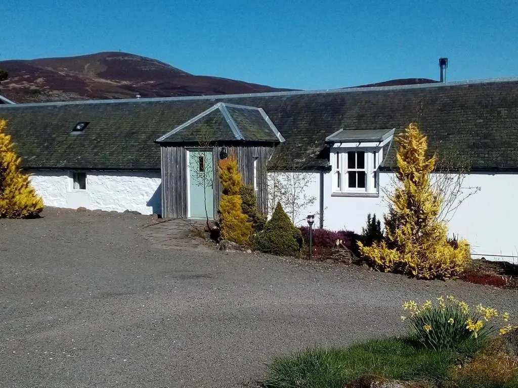 a white house with a door and trees in front of it at Dalnoid Cottages & Treehouses Nr Glenshee in Glenshee