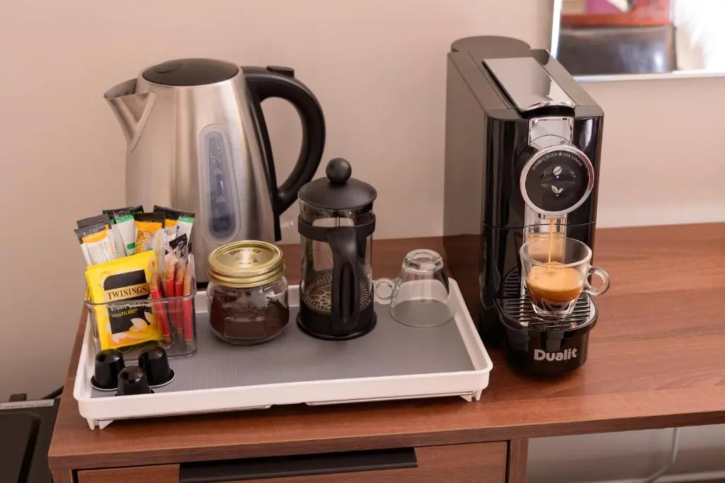 a coffeemaker sitting on top of a counter at Netherley Rooms in Ballater