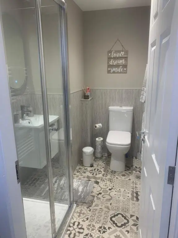 a bathroom with a shower and a toilet and a sink at Butterfly Apartment in Inverness