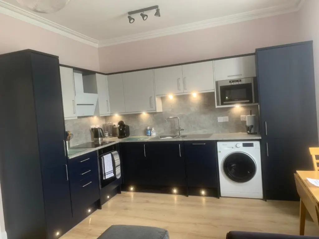 a kitchen with black cabinets and a washing machine at Butterfly Apartment in Inverness