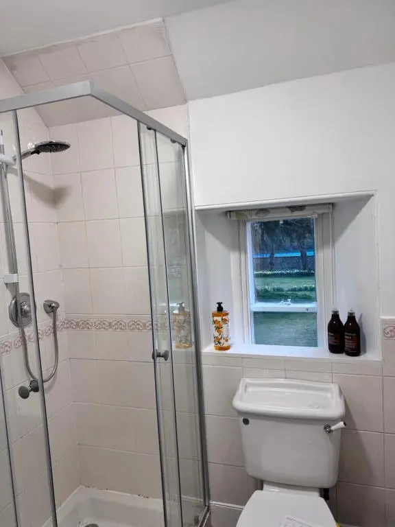 a bathroom with a shower and a toilet and a window at 19th century 5-bedroom villa with free private parking in Elgin
