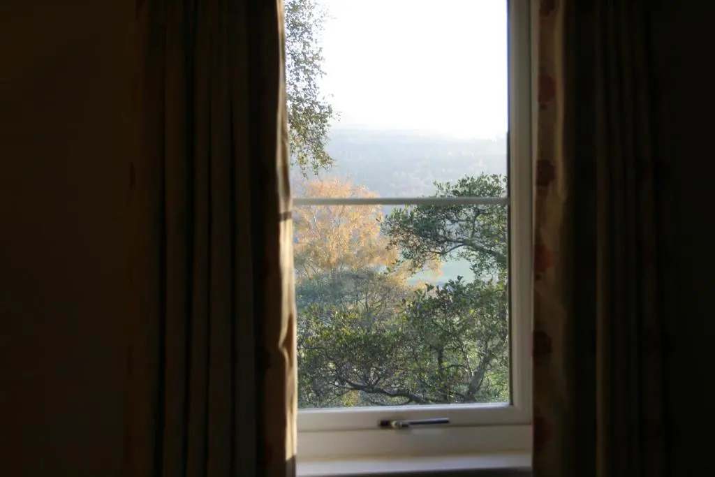 an open window with a view of a tree at BCC Loch Ness Cottages in Drumnadrochit