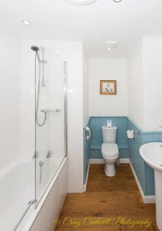 a bathroom with a shower and a toilet and a sink at Groose Hoose in Glenshee