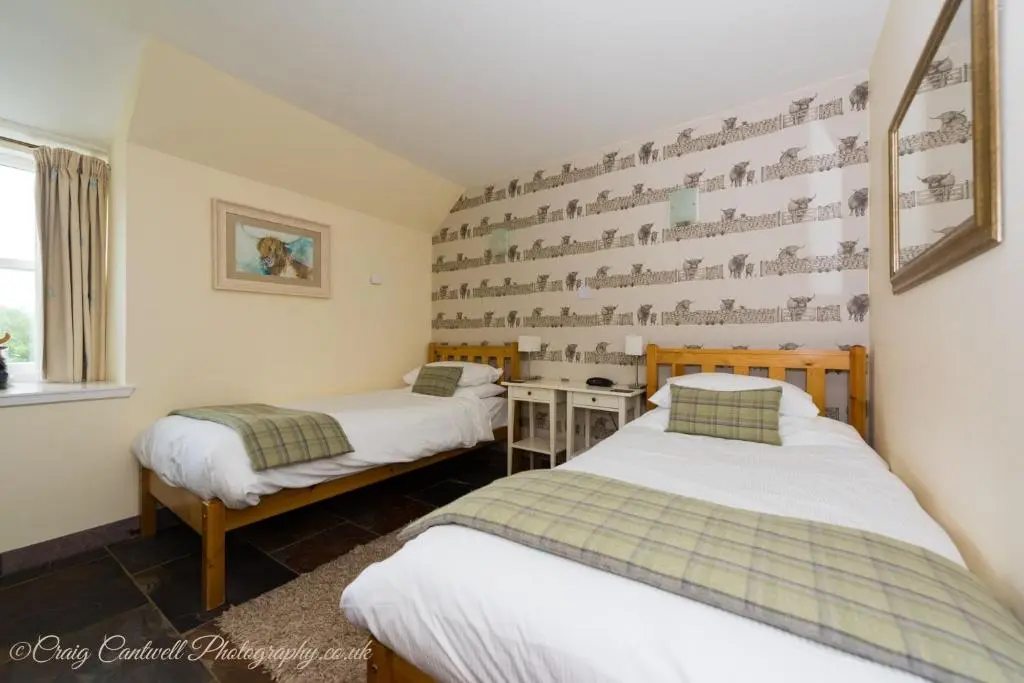two beds in a room with a wall with birds on it at Coo Shed in Glenshee