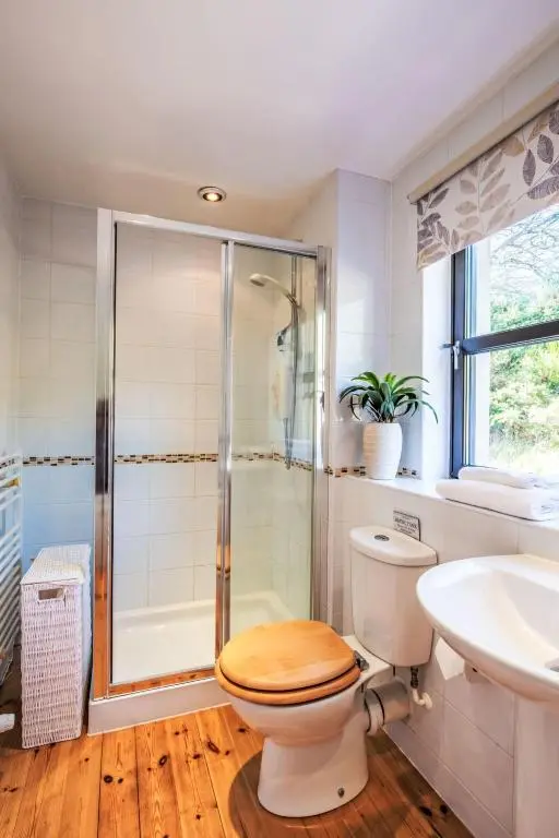 a bathroom with a toilet and a shower and a sink at Villa Drover's Lodge by Interhome in Drumnadrochit