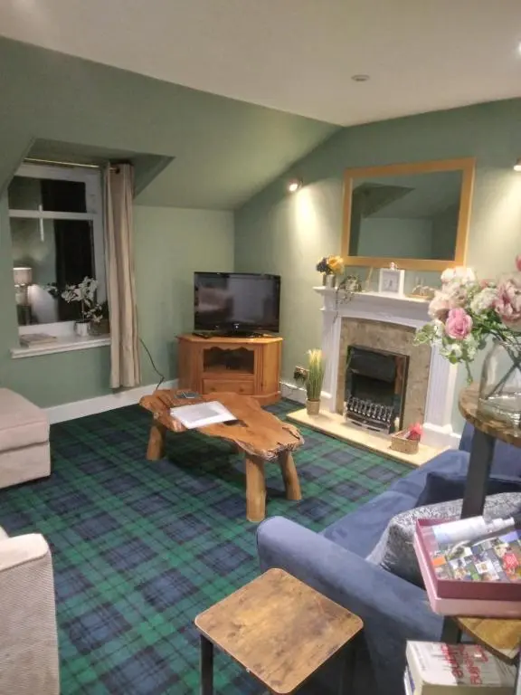 a living room with a couch and a tv and a fireplace at Cosy central 1 bedroom apartment, free parking in Inverness