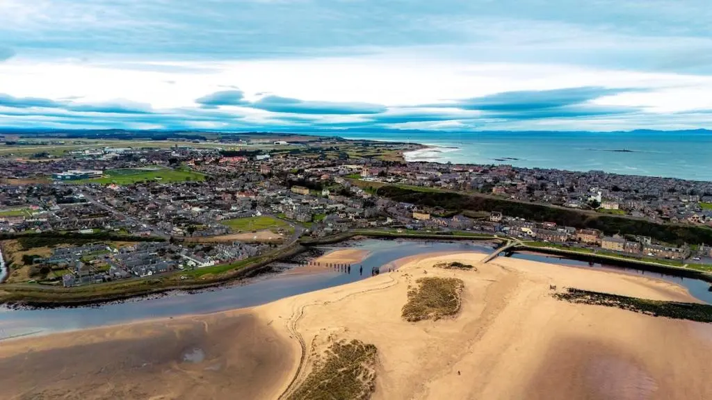 an aerial view of a beach and a city at The Lookout, Lossiemouth in Lossiemouth