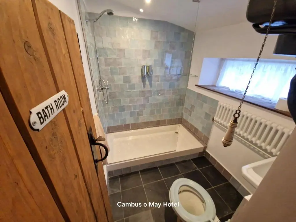 a bathroom with a shower and a toilet and a sink at Garden Cottage in Cambus O\u02bcMay Station