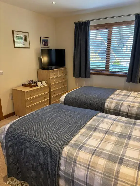 a bedroom with two beds and a tv and a dresser at Danian B&B in Dingwall
