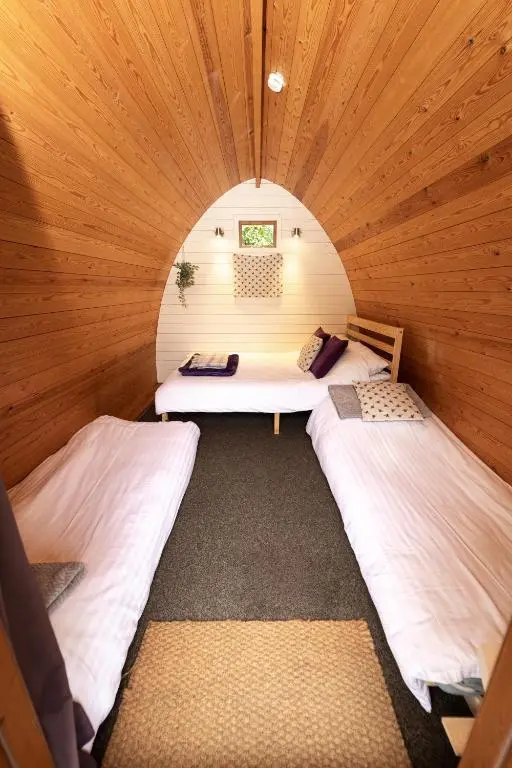 two beds in a room with wooden walls at Glenshee Glamping in Glenshee