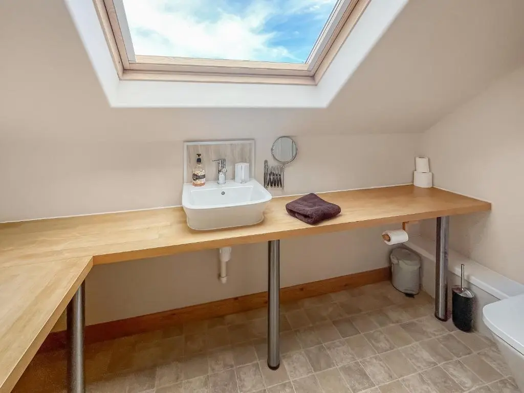 a bathroom with a sink and a skylight at Rowlands in Aviemore