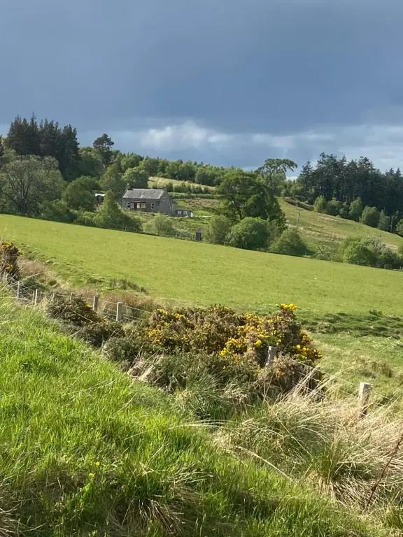 a field of green grass with a house in the distance at Alltachbeg in Tomintoul