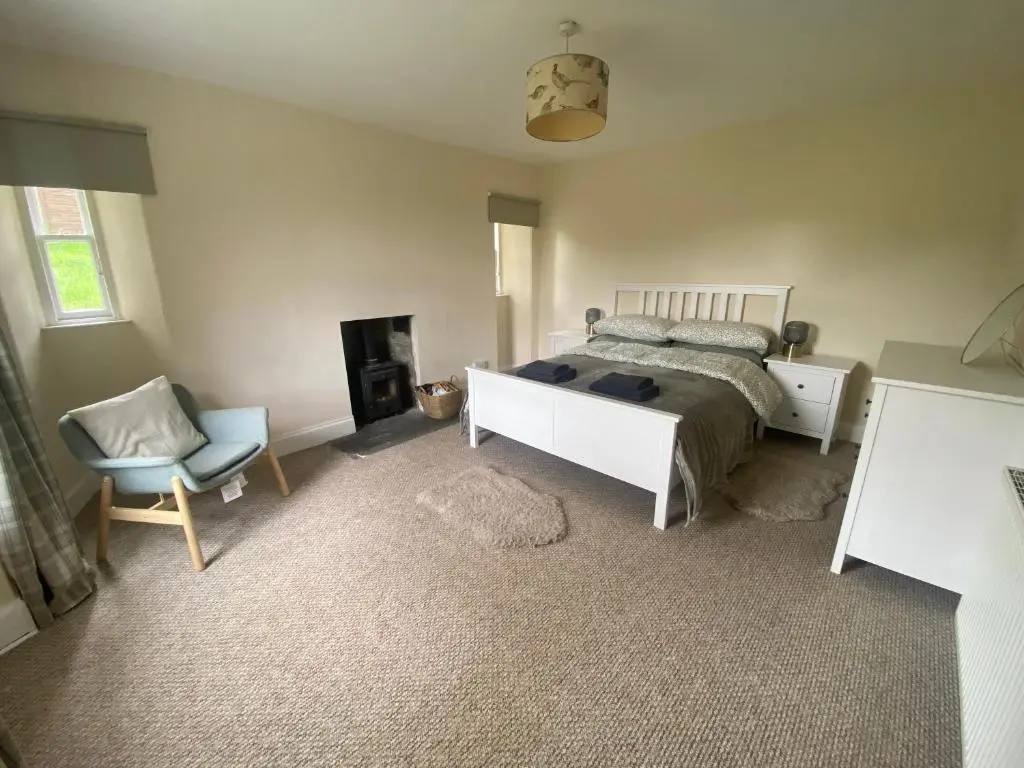 a bedroom with a bed and a chair and a fireplace at Alltachbeg in Tomintoul