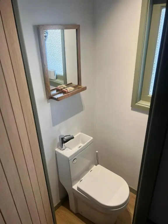 a bathroom with a white toilet and a mirror at Shephards Hut by the Beach in Findhorn