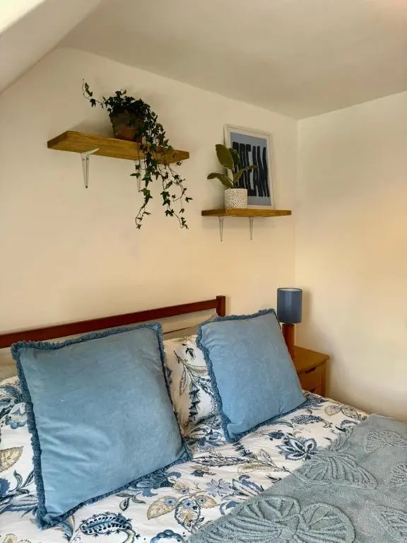 a bedroom with a bed with blue pillows at The Ivy Nest, central in Inverness