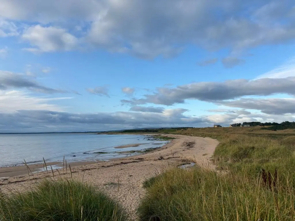 a beach with a cloudy sky and the ocean at Sandy Shores in Embo