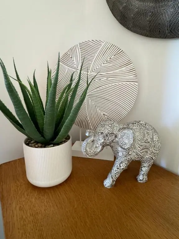 a small silver elephant figurine next to a potted plant at Wellhouse Country Lodges and Hot Tubs in Tore