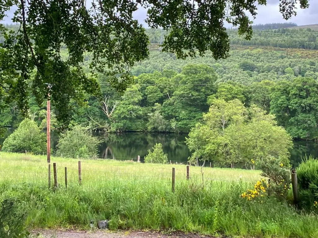 a field with a lake in the background at Ferry Cottage in Eskadale
