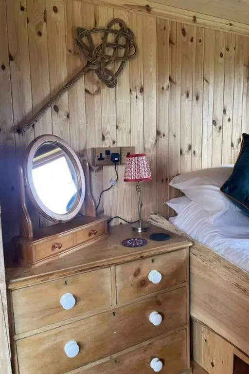 a bedroom with a bed and a mirror on a dresser at Holiday Home Shepherds Hut by Interhome in Balnain
