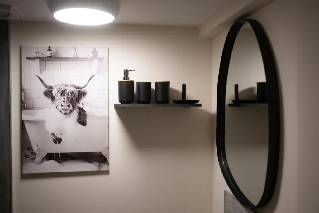 a bathroom with a mirror and a picture of a cow at Alba Apartment in Inverness