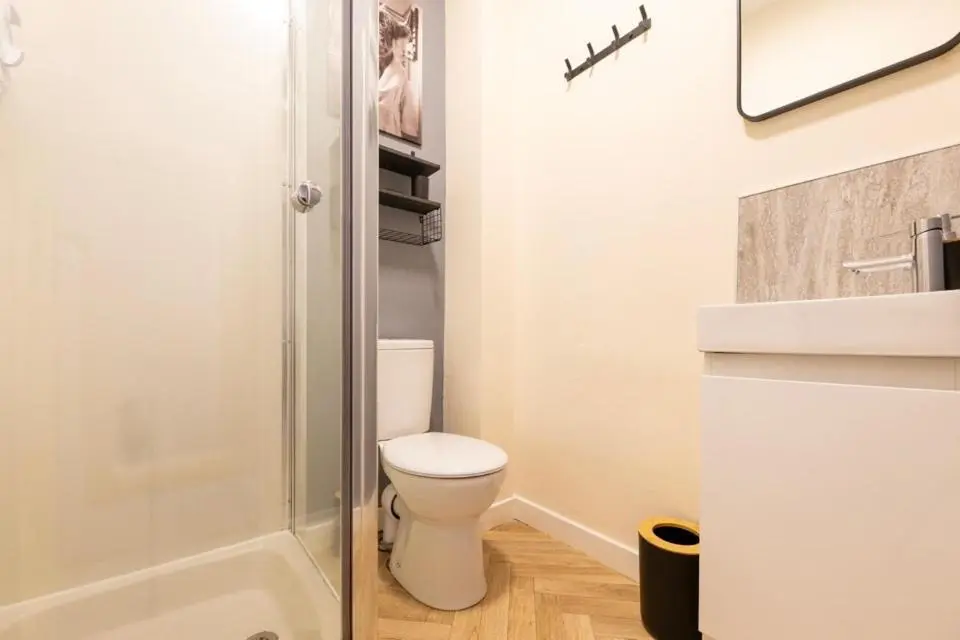 a bathroom with a toilet and a shower and a sink at 1 BDR Apt By Caledonia Luxe Stays Short Lets & Serviced Accommodation Inverness in Inverness