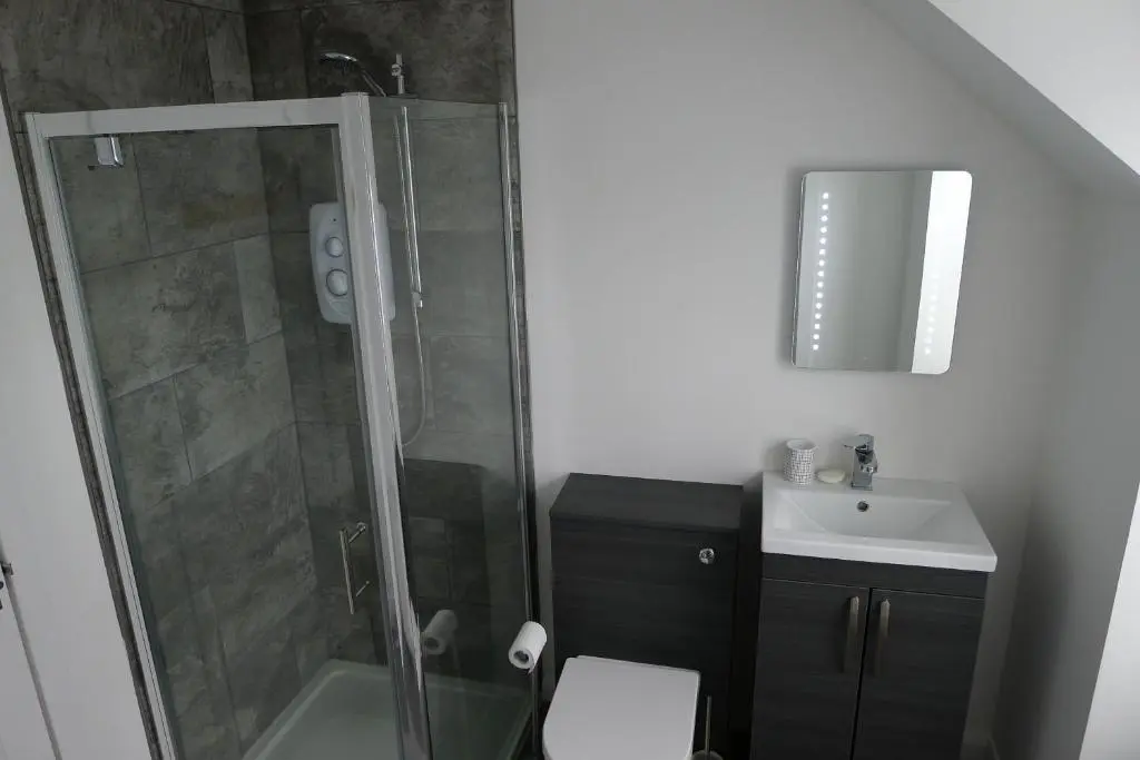 a bathroom with a shower and a toilet and a sink at Hanover st partment in Fraserburgh