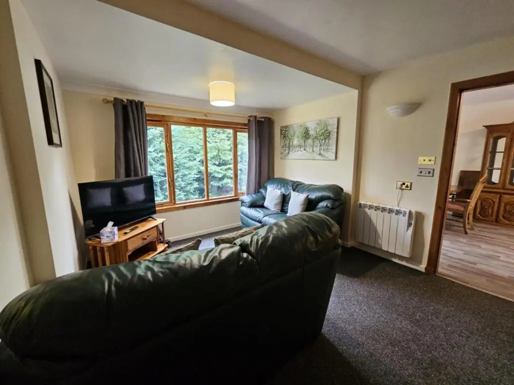 a living room with a leather couch and a television at Tonita in Garve