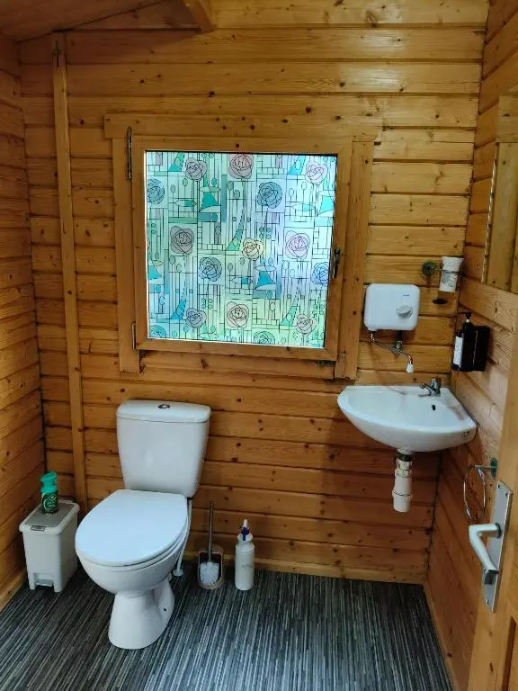 a bathroom with a toilet and a sink at Emili Fois in Tore
