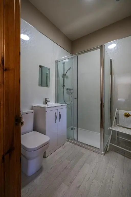 a bathroom with a toilet and a glass shower at Gledfield Estate Holiday Cottages in Lower Gledfield