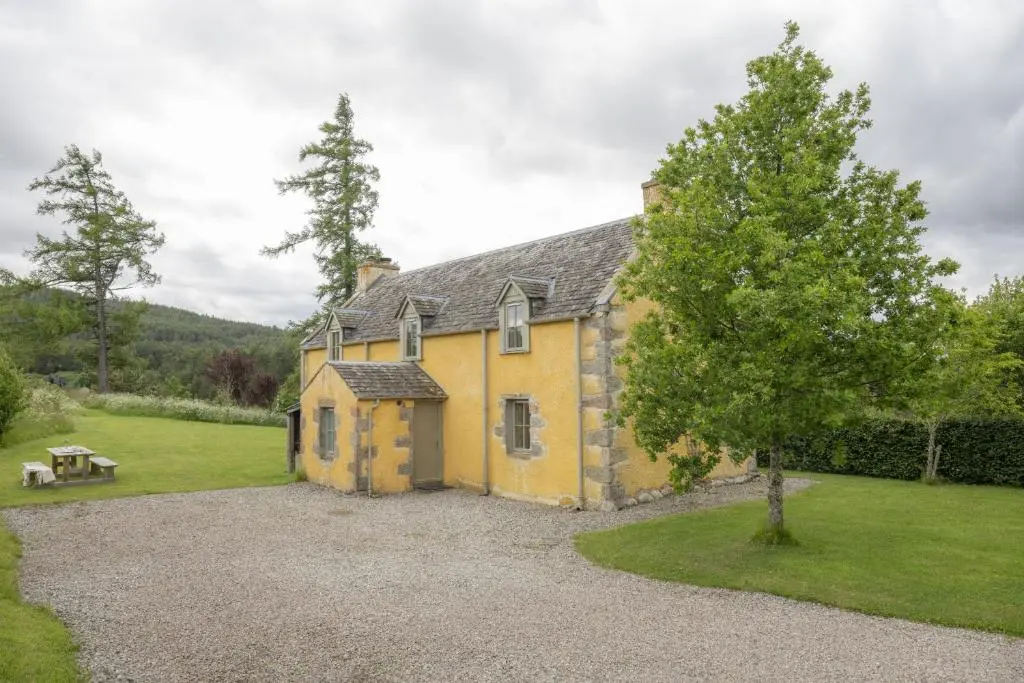 a yellow house with a picnic table in front of it at Drum Cottage in Nethy Bridge