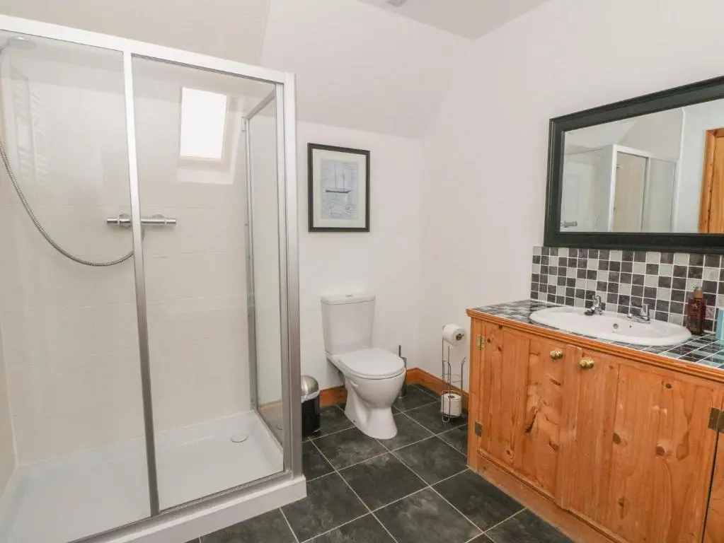 a bathroom with a shower and a toilet and a sink at Taffs Barn in Fortrose