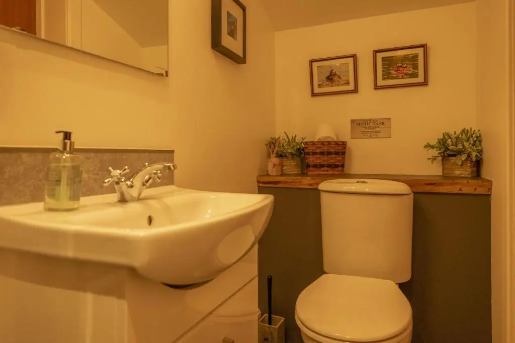 a bathroom with a white toilet and a sink at Craggan Mill in Grantown on Spey