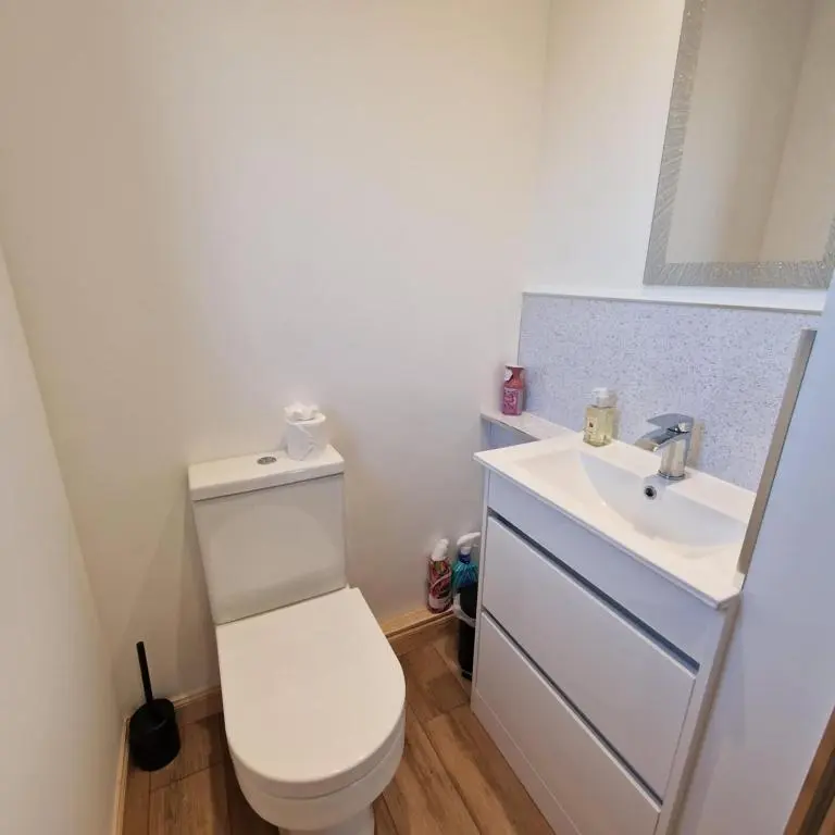 a bathroom with a white toilet and a sink at Temuka Lodge in Glenurguhart