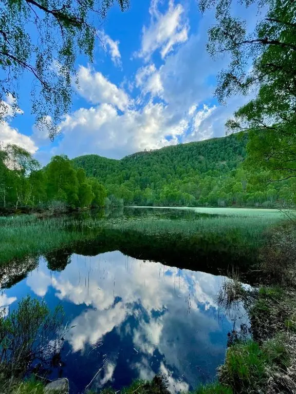 a reflection of the sky in a lake at Birch Cottage in Aviemore