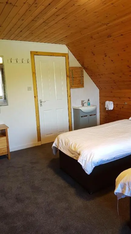 a bedroom with two beds in a wooden room at Carn Mhor Bed and Breakfast in Aviemore