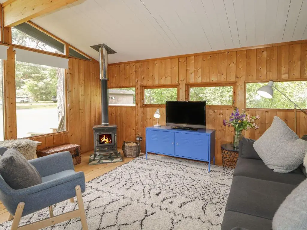 a living room with a couch and a tv and a fireplace at Blue Pine Lodge in Dornoch