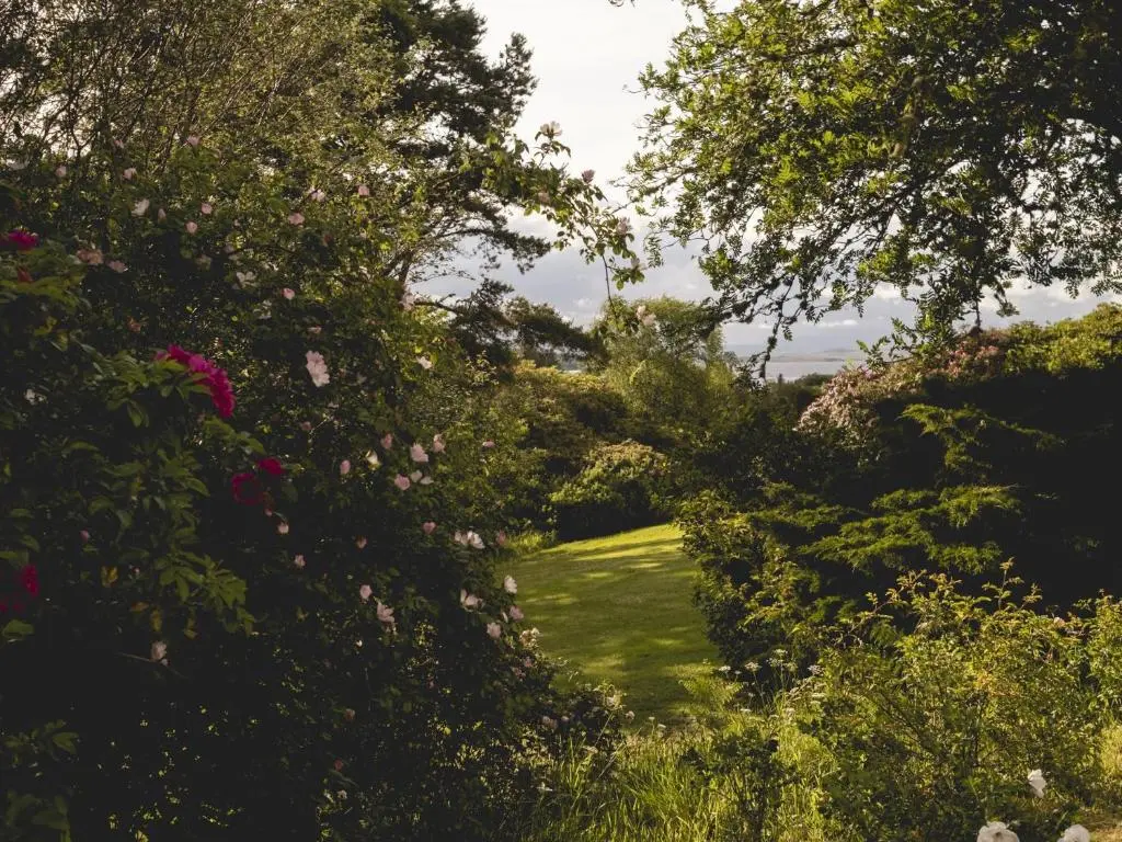 a garden with green grass and trees and flowers at Lairg Lodge in Lairg