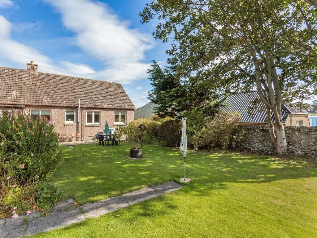 a yard with a house and a tree at Tanera in Wick