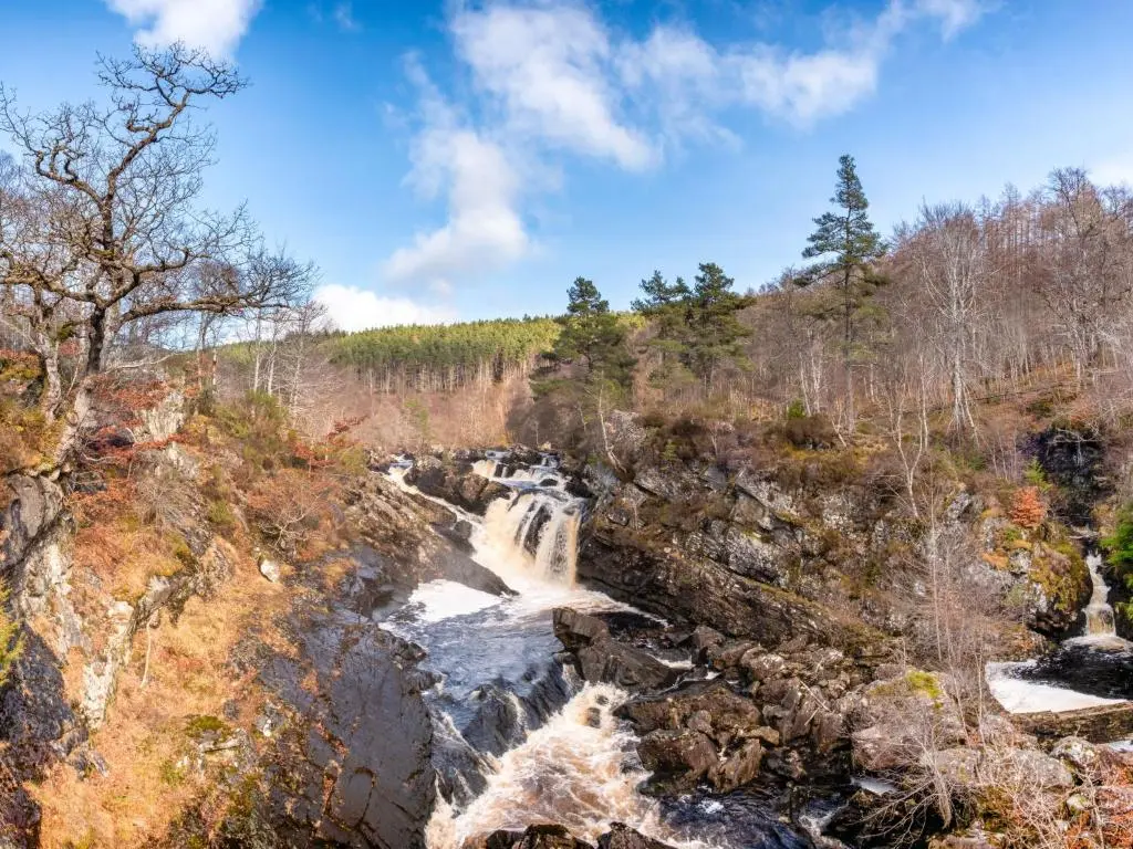 a waterfall on the side of a mountain with trees at Holiday Home Coiltie House by Interhome in Drumnadrochit