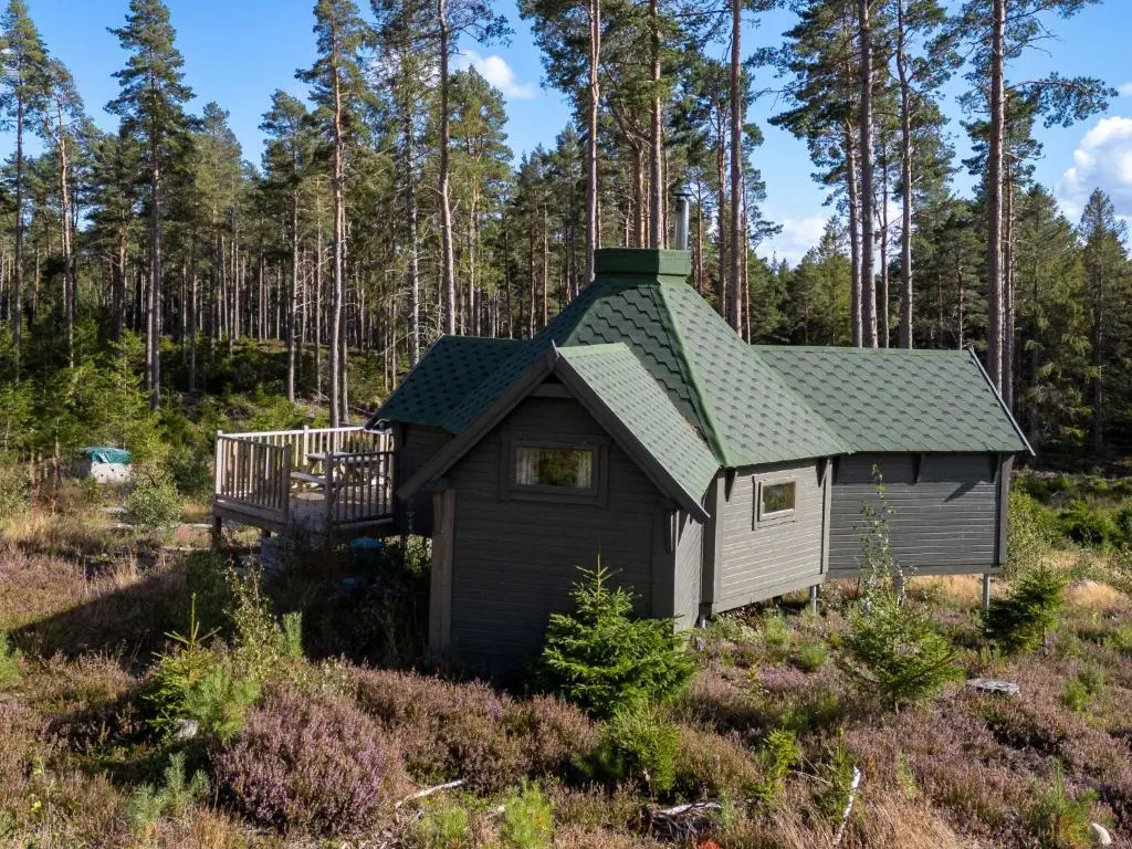 a small house with a green roof in a forest at Apartment Birch Bothy by Interhome in Coldstone