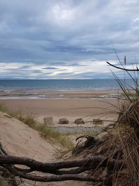 a beach with some rocks in the sand and the ocean at Institution Road in Elgin