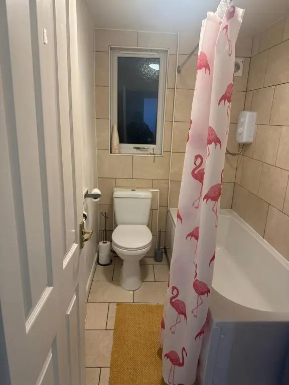 a bathroom with a toilet and a shower curtain with birds on it at Georges 47 king street Apartment in Inverness