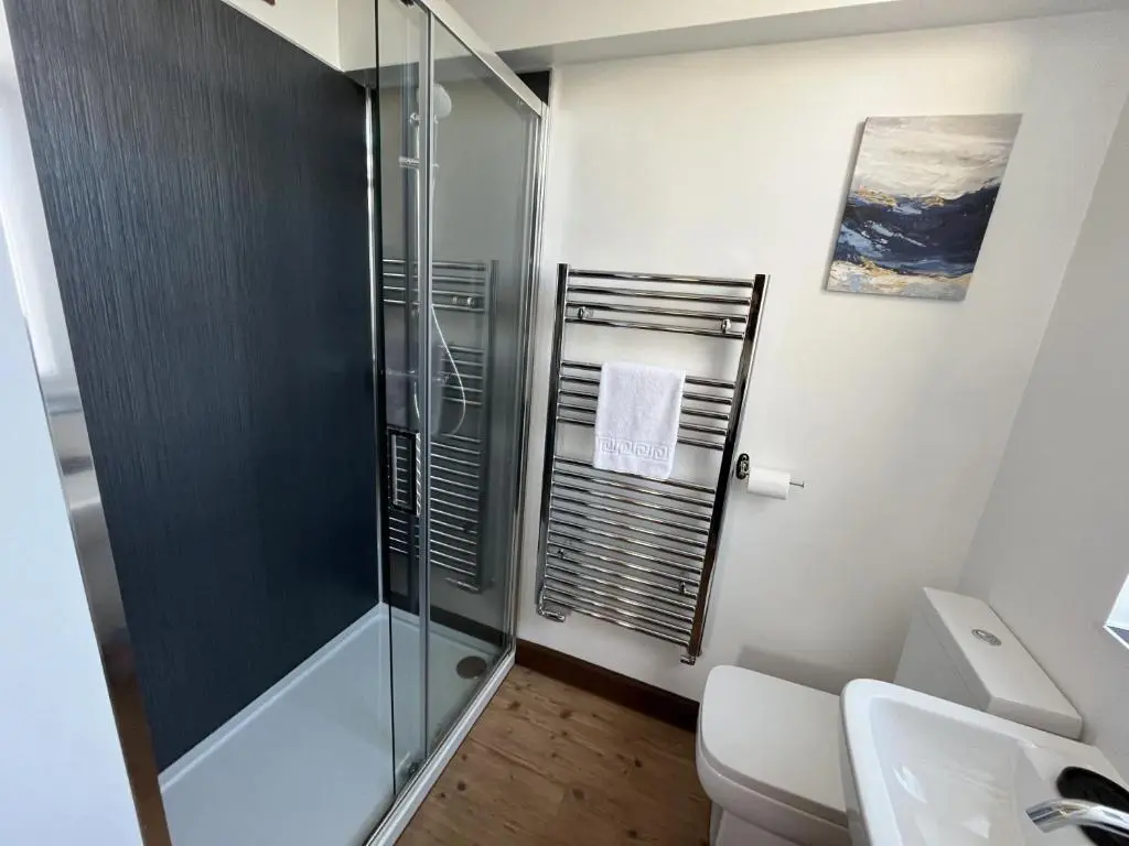 a bathroom with a glass shower and a toilet at Bank House apartment in Fort Augustus