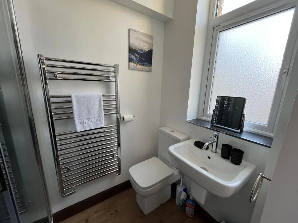 a bathroom with a toilet and a sink and a window at Bank House apartment in Fort Augustus