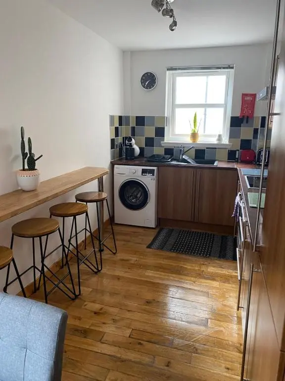 a kitchen with a washer and dryer in a room at Georges 1Faraline court Apartment in Inverness