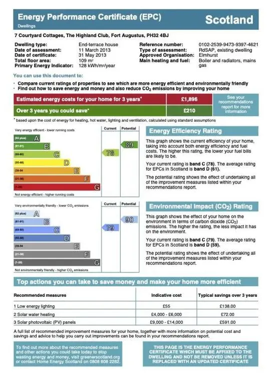 a screenshot of a datasheet for the energy performance certificate efc screenshot at Cottage 7 - Skye Cottage in Fort Augustus
