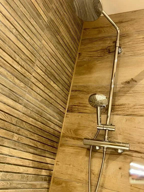 a shower in a room with a wooden ceiling at Luxury Lodge by Findhorn Sands No 18 in Findhorn