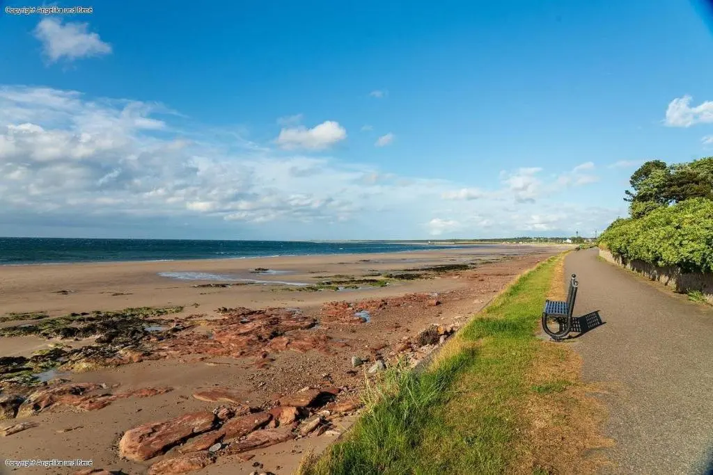 a bench sitting on the side of a beach at The Bunker Self Catering in Nairn