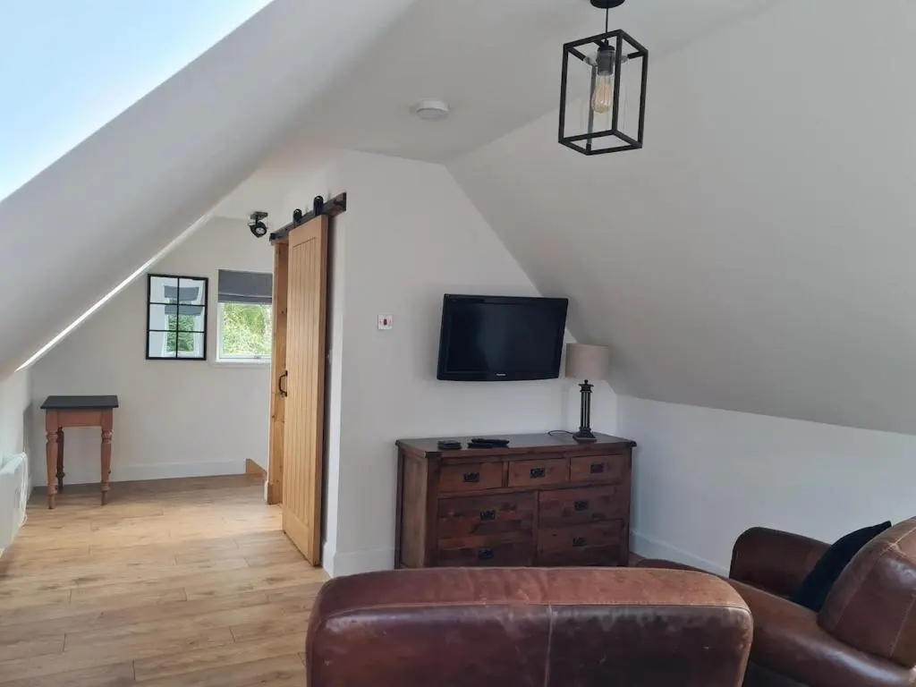 a living room with a couch and a television at Woodland studio in Stittenham