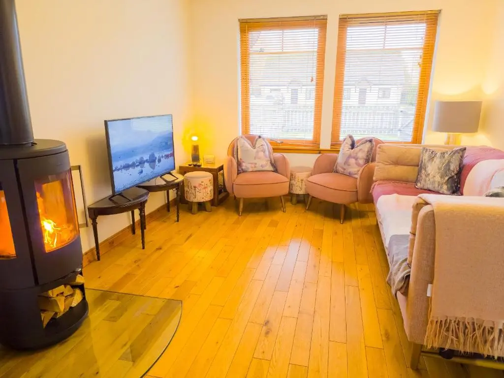 a living room with a couch and a fireplace at Casa Amor in Aviemore